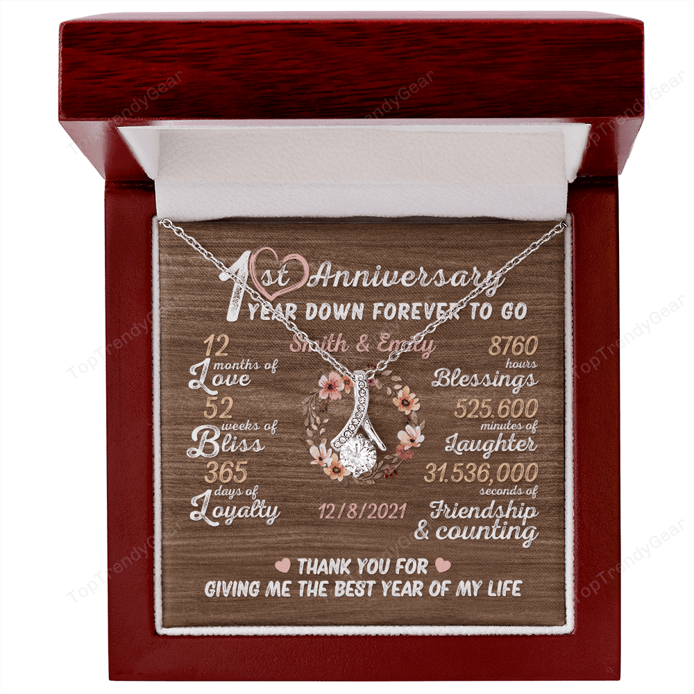 One Year Down Forever To Go First Anniversary Gift Custom Name And Date Alluring Beauty Gold Necklace