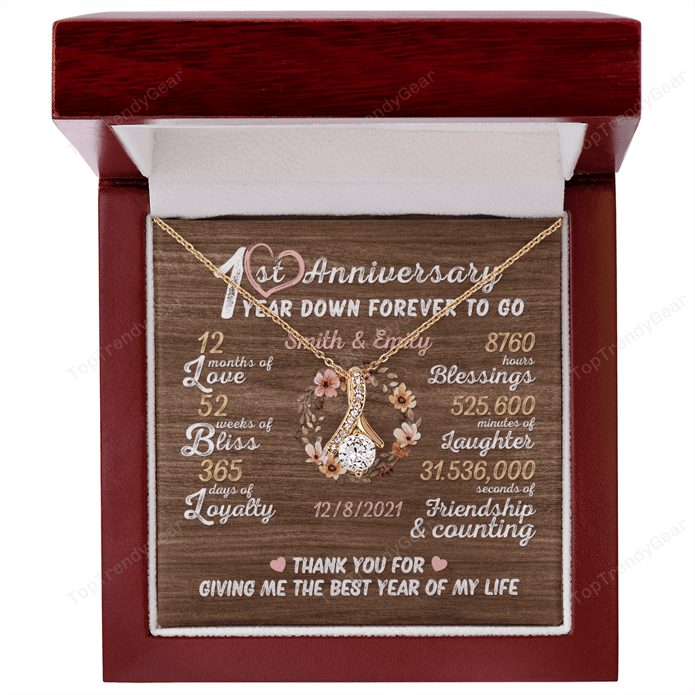 One Year Down Forever To Go First Anniversary Gift Custom Name And Date Alluring Beauty Gold Necklace