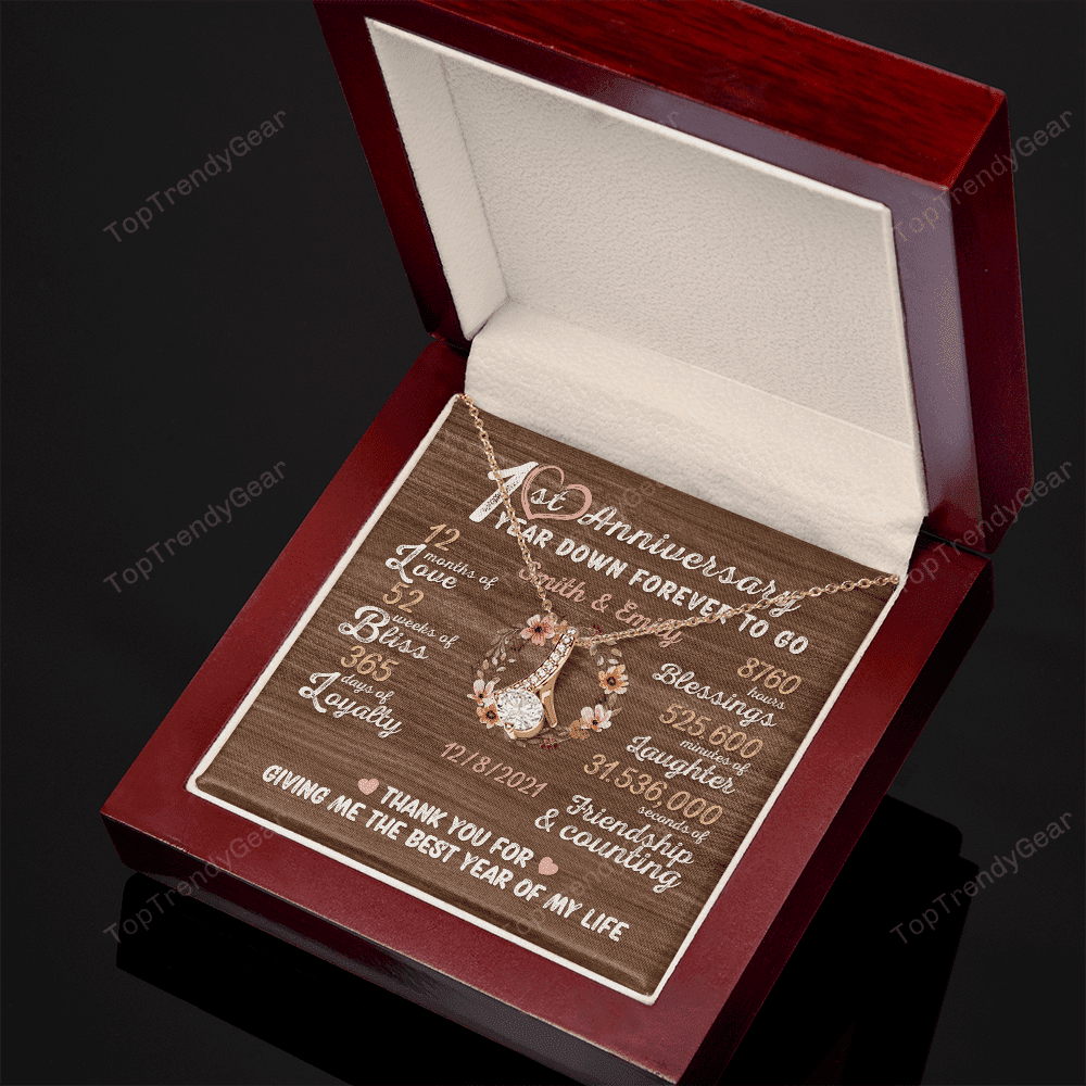 One Year Down Forever To Go First Anniversary Gift Custom Name And Date Alluring Beauty Gold Necklace