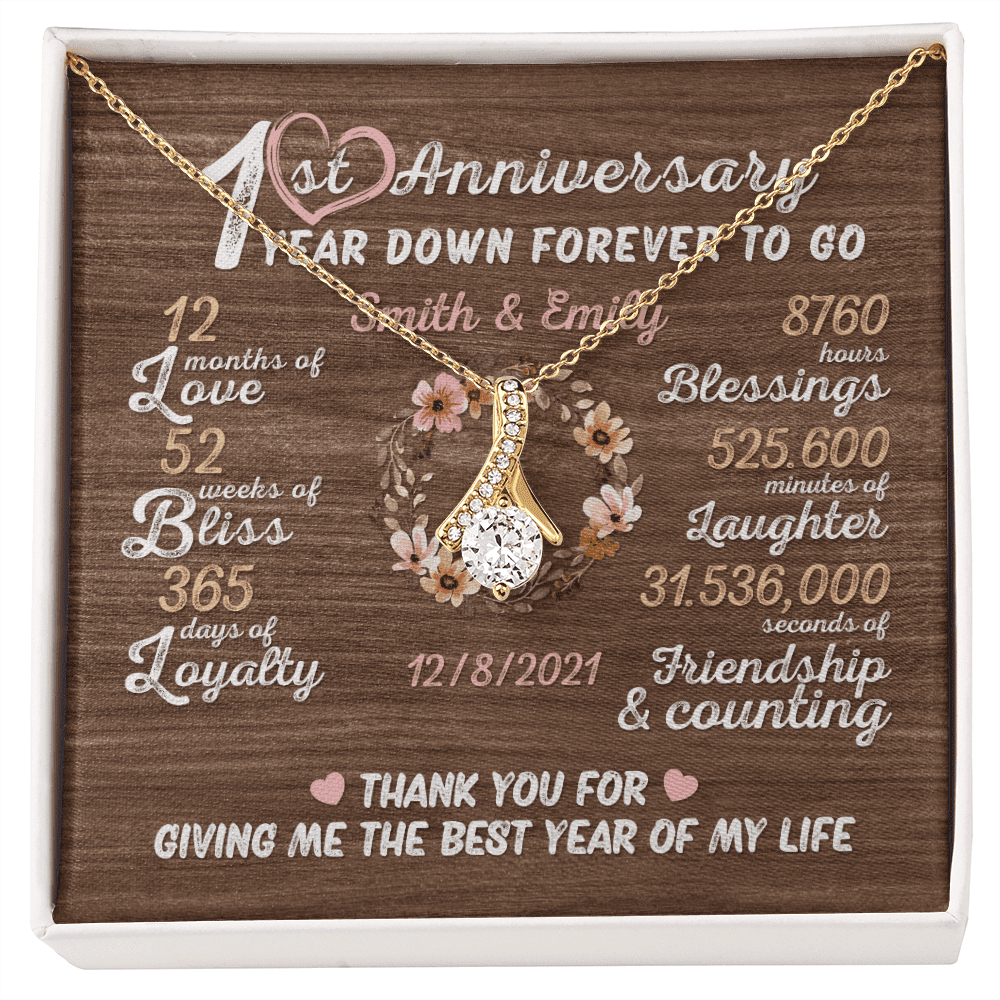 One Year Down Forever To Go First Anniversary Gift Custom Name And Date Alluring Beauty Gold Necklace