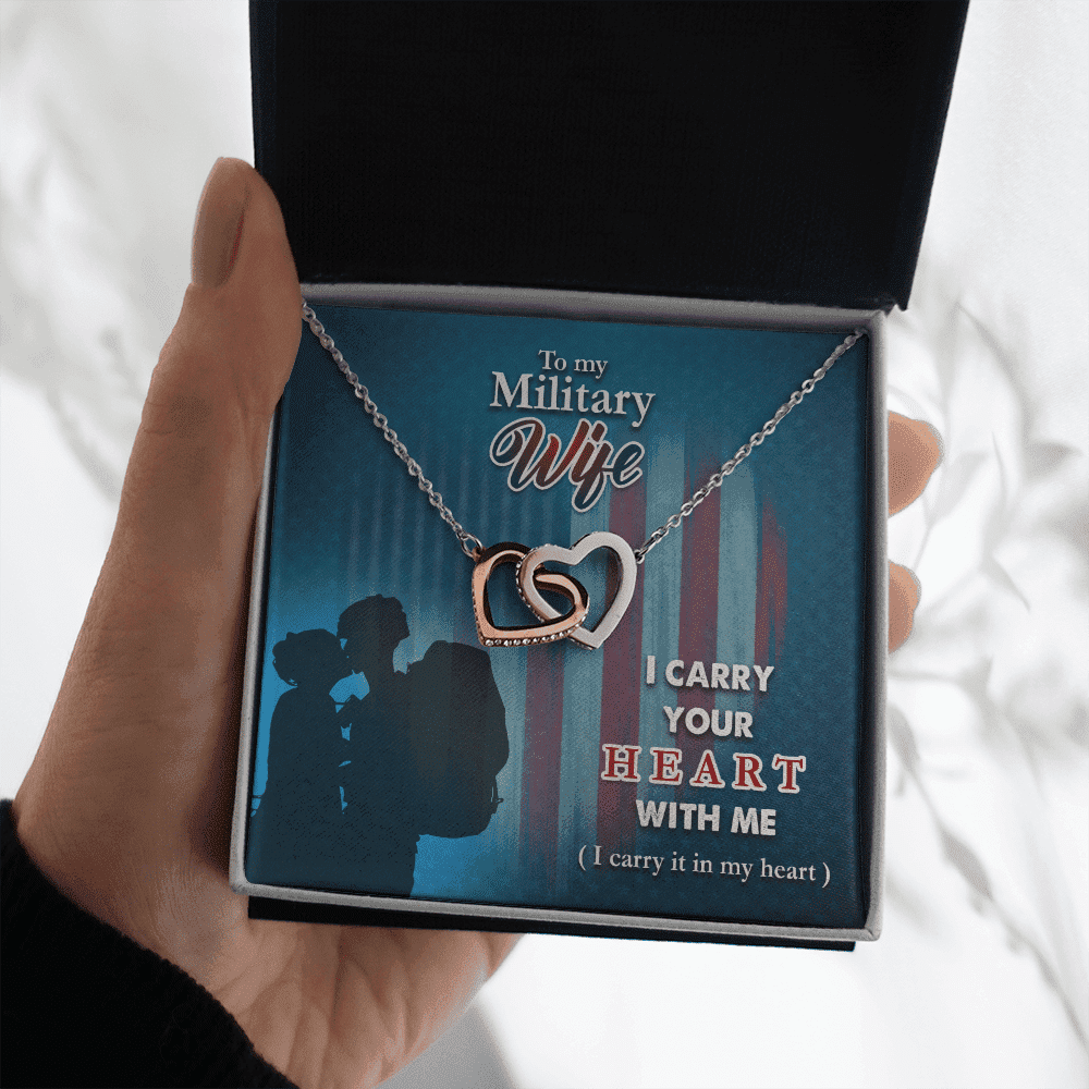 To My Military Wife I Carry Your Heart With Me Interlocking Heart Necklace 