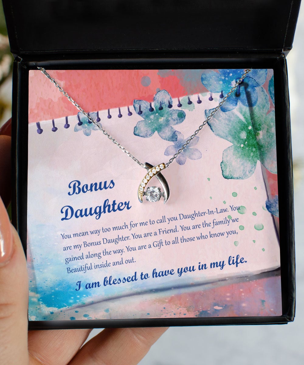 To My Bonus Daughter You're A Friend Wishbone Dancing Necklace