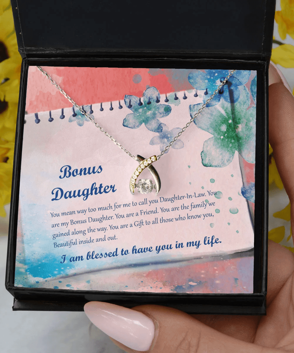 To My Bonus Daughter You're A Friend Wishbone Dancing Necklace