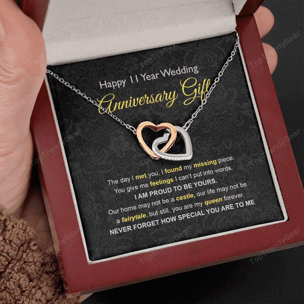 Wife Necklace, 11th Wedding Anniversary Necklace Happy Eleventh Wedding Anniversary Interlocking Hearts Necklace Gift Ideas For Wife 