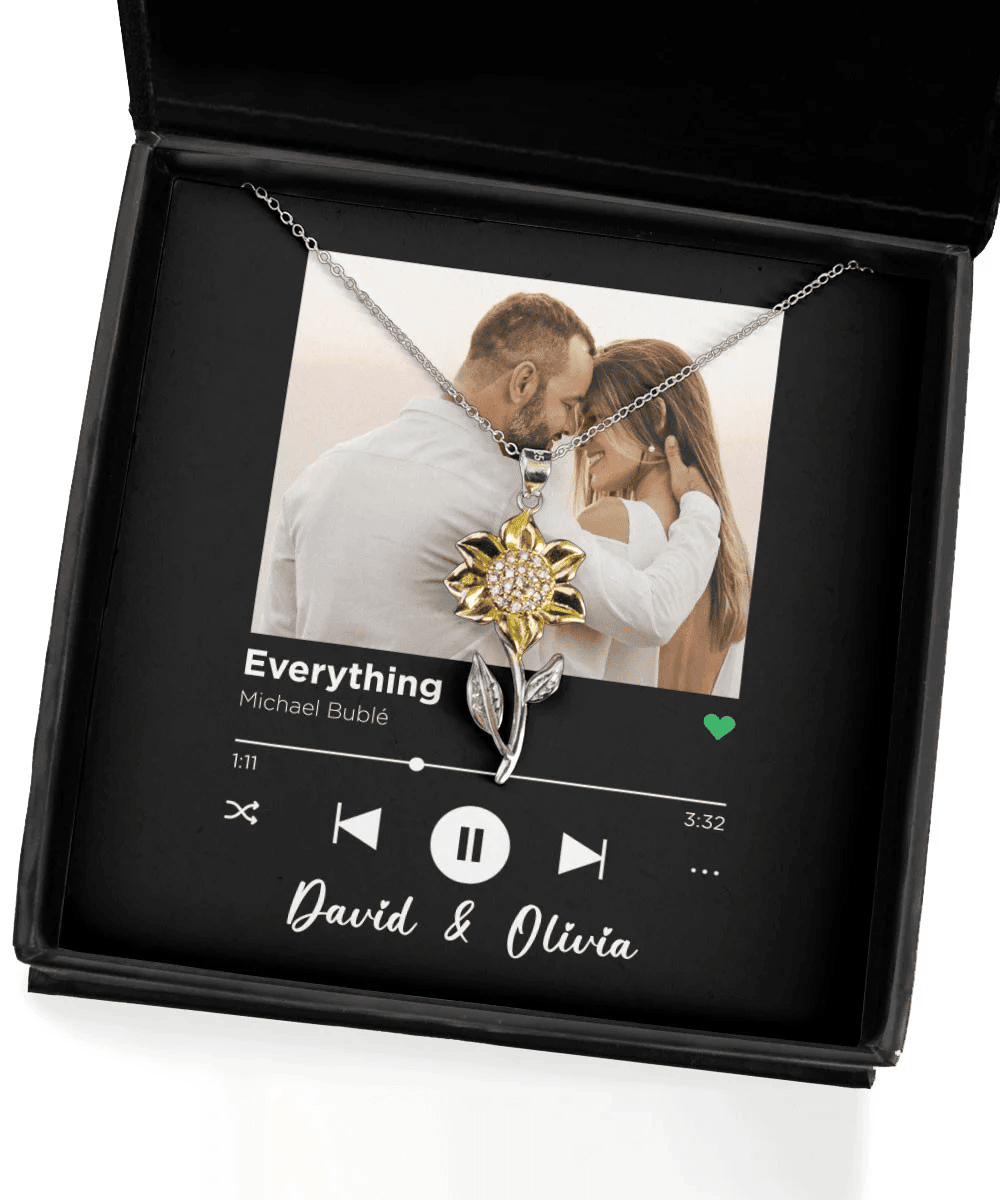 Everything Custom Spotify Code With Couple Photo And Song Card Sunflower Pendant Necklace Anniversary Gifts For Her 