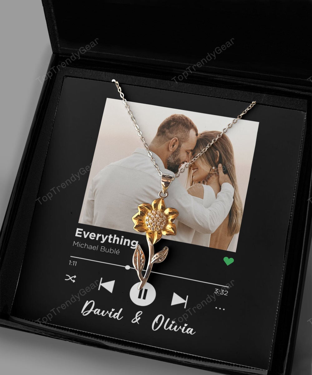 Everything Custom Spotify Code With Couple Photo And Song Card Sunflower Pendant Necklace Anniversary Gifts For Her 