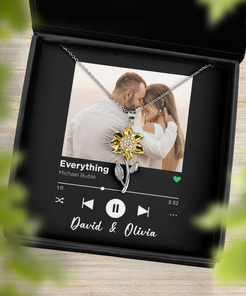 Everything Custom Spotify Code With Couple Photo And Song Card Sunflower Pendant Necklace Anniversary Gifts For Her 
