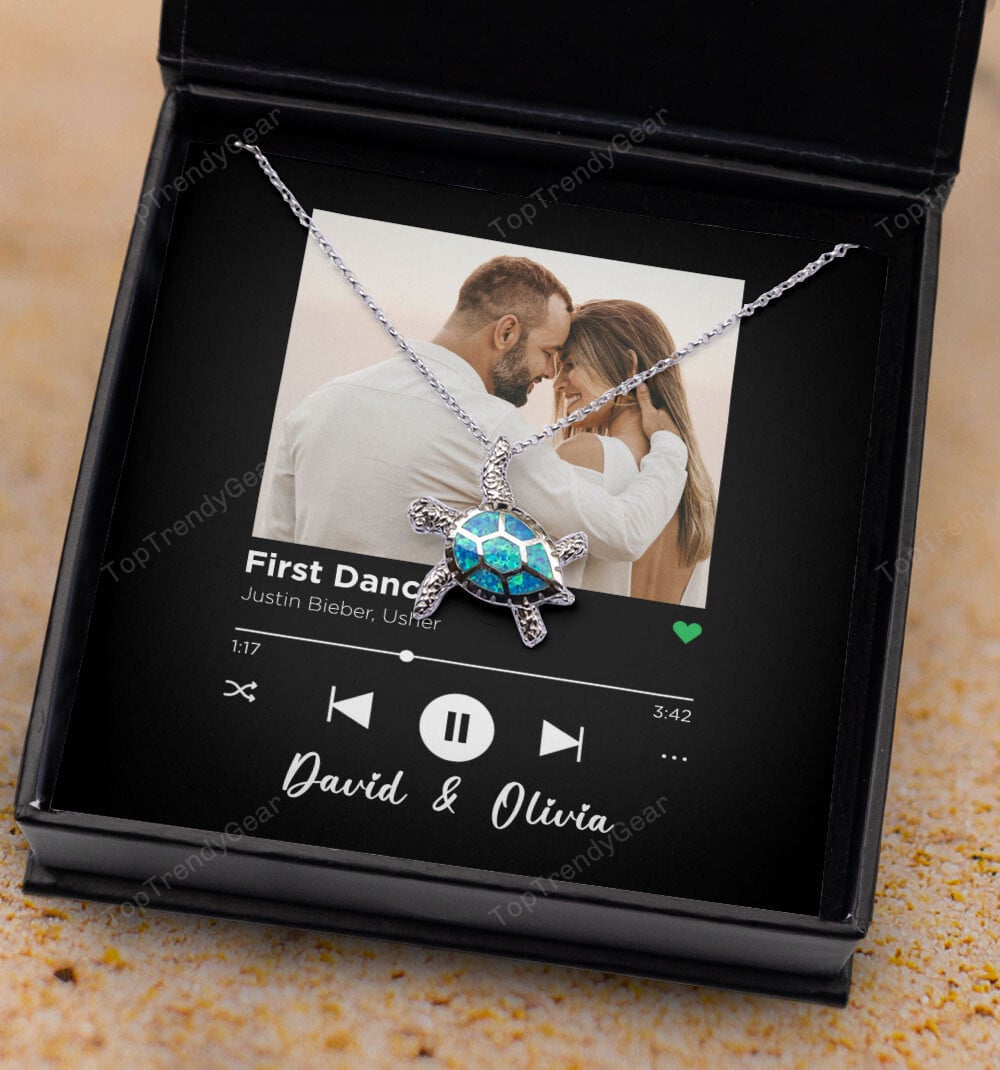 First Dance Custom Spotify Code With Couple Photo And Song Card Opal Turtle Necklace Anniversary Gifts For Her 