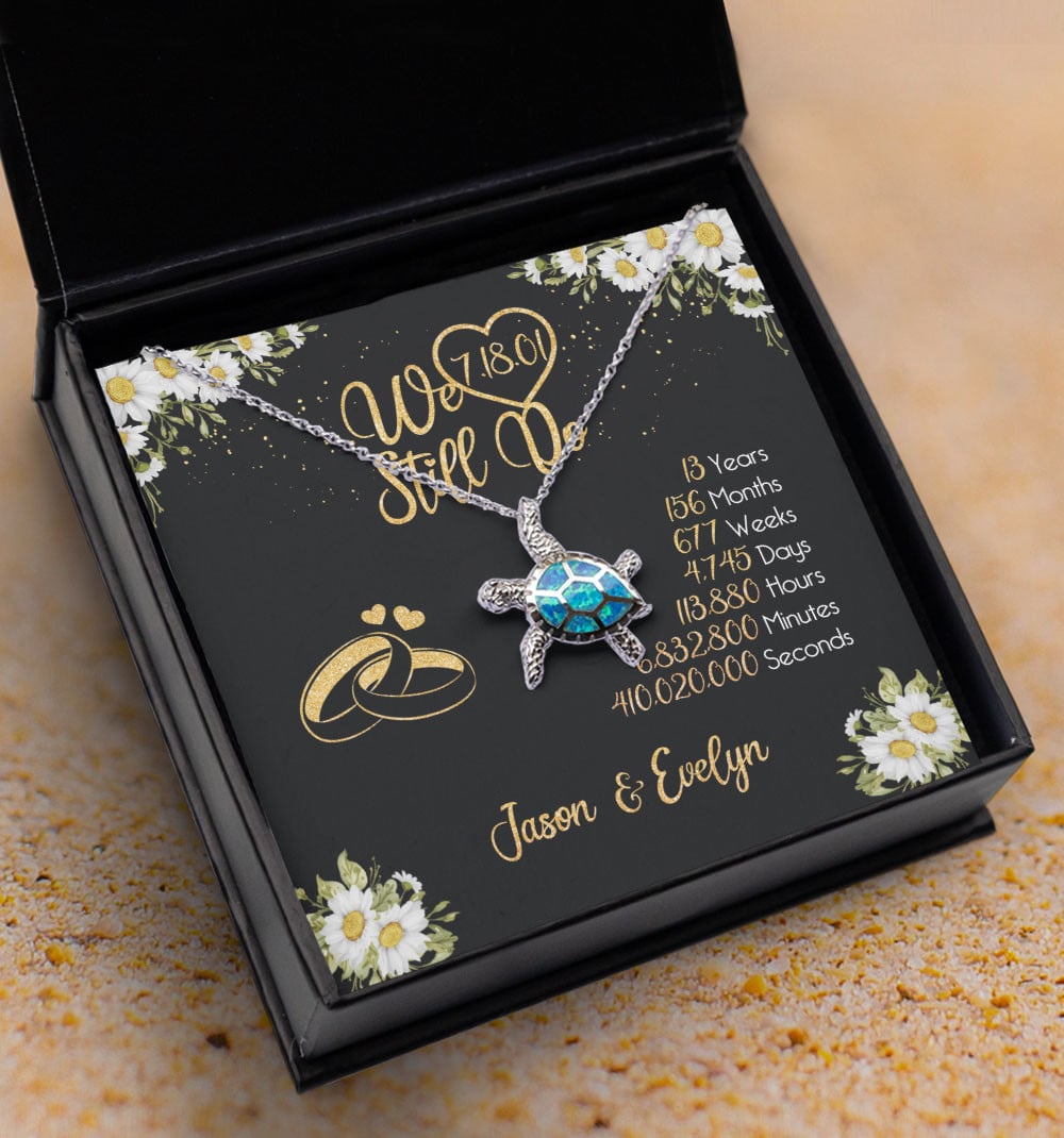 Lace Anniversary Gifts For Her We Still Do 13 Year Wedding Anniversary Gift Custom Name And Date Opal Turtle Necklace 