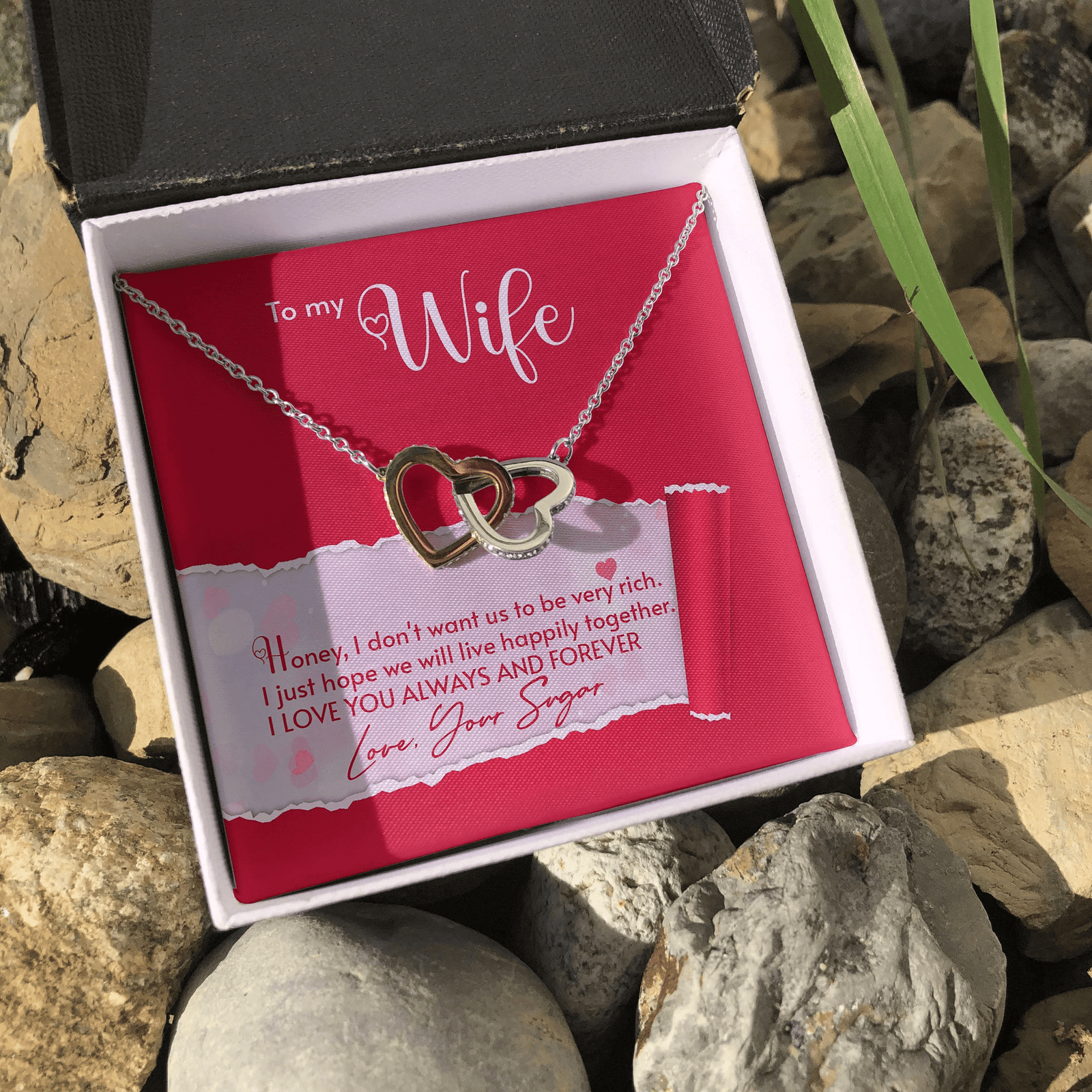 To My Wife I Just Hope We Will Live Happily Together Interlocking Heart Necklace 