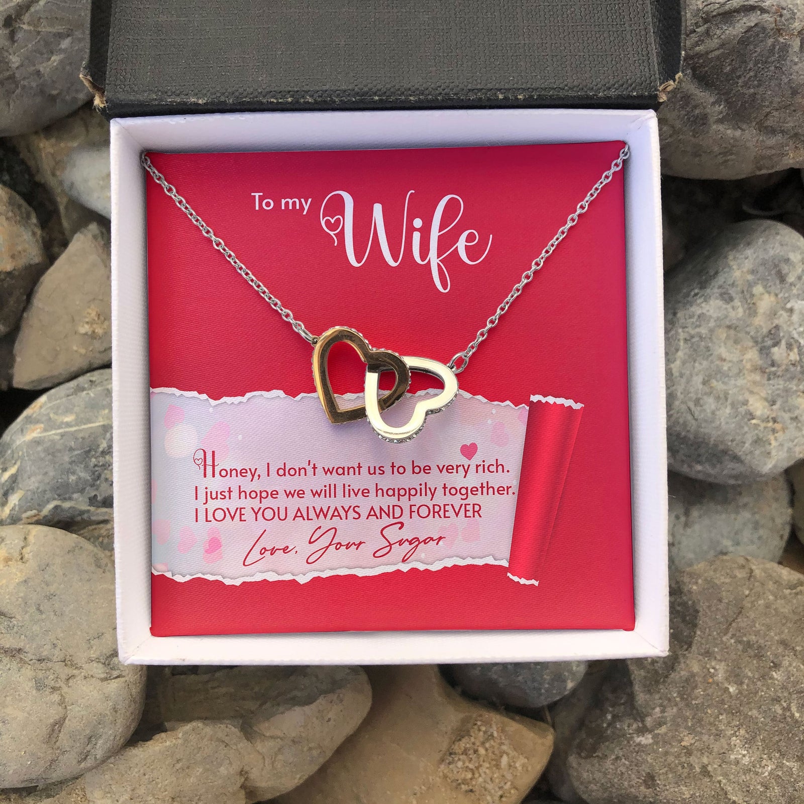 To My Wife I Just Hope We Will Live Happily Together Interlocking Heart Necklace 