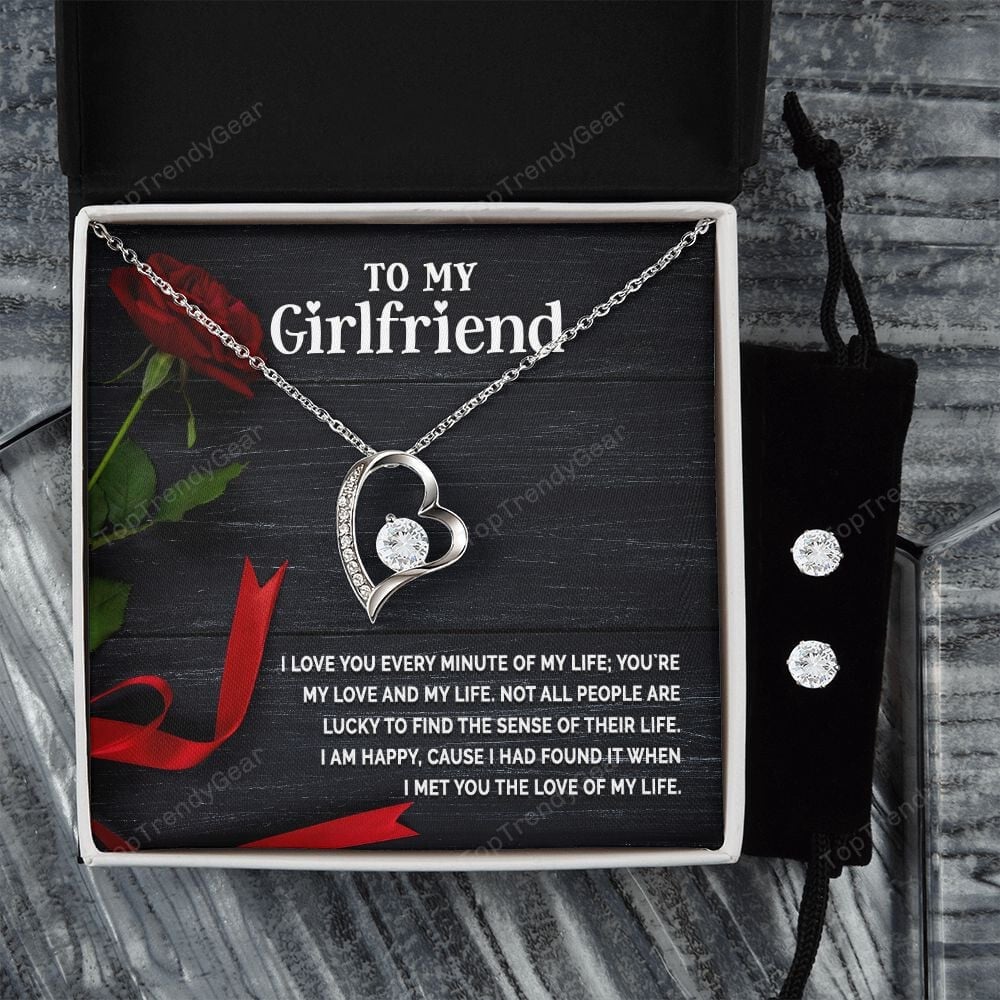 To My Girlfriend I Love You Every Minute Of My Life Forever Love Necklace With Free Cubic Zirconia Earrings Gift For Girlfriend