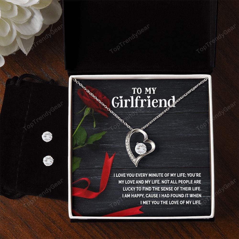 To My Girlfriend I Love You Every Minute Of My Life Forever Love Necklace With Free Cubic Zirconia Earrings Gift For Girlfriend