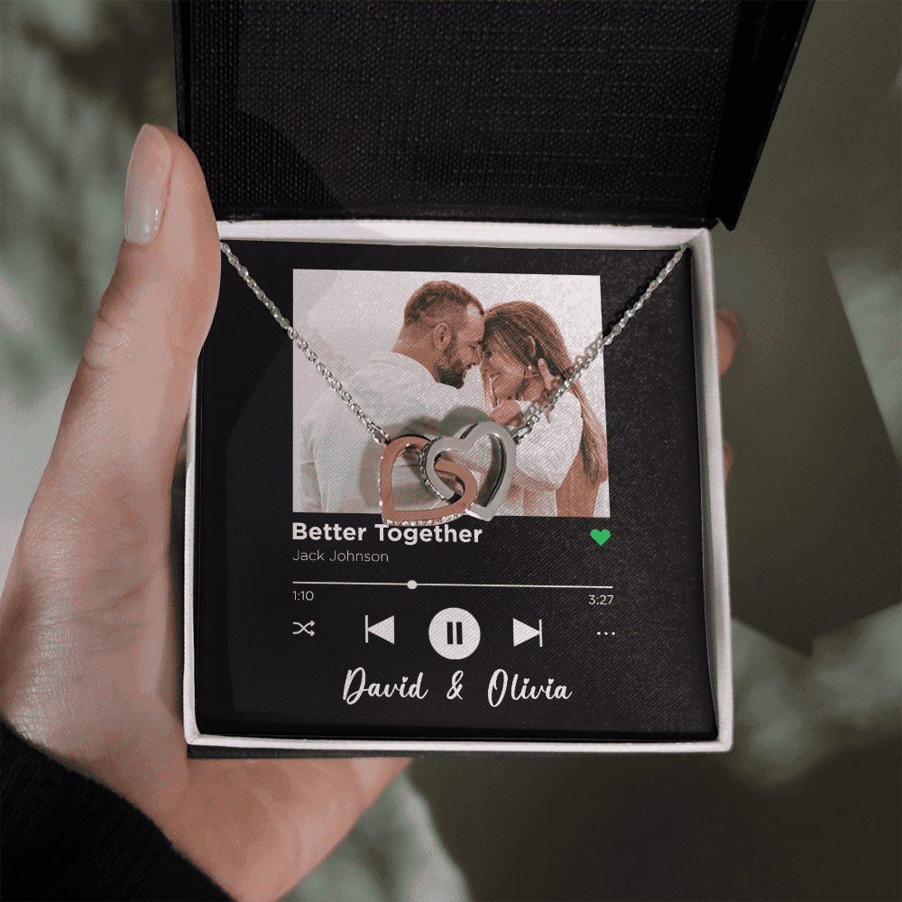 Better Together Custom Spotify Code With Couple Photo and Song Card Interlocking Hearts Necklace Anniversary Gifts For Her 