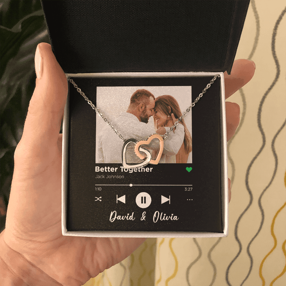 Better Together Custom Spotify Code With Couple Photo and Song Card Interlocking Hearts Necklace Anniversary Gifts For Her 