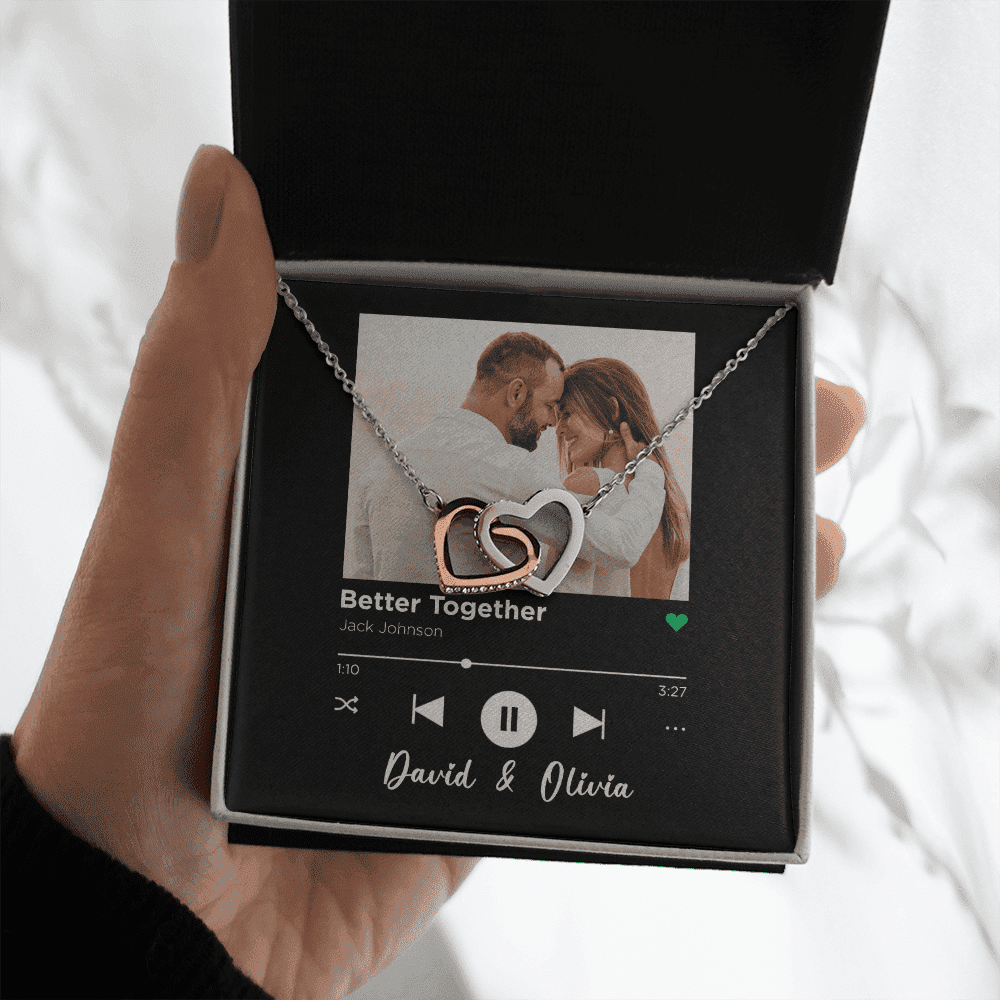 Better Together Custom Spotify Code With Couple Photo and Song Card Interlocking Hearts Necklace Anniversary Gifts For Her 