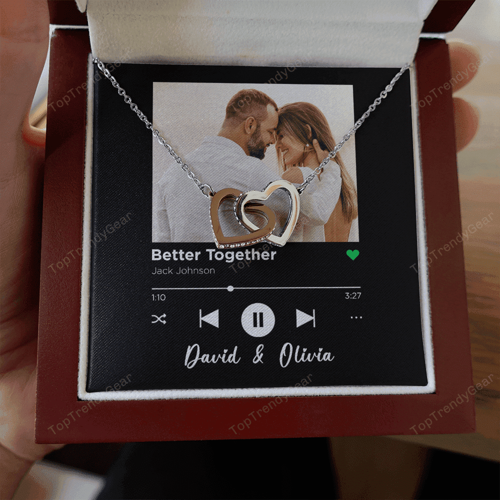 Better Together Custom Spotify Code With Couple Photo and Song Card Interlocking Hearts Necklace Anniversary Gifts For Her 