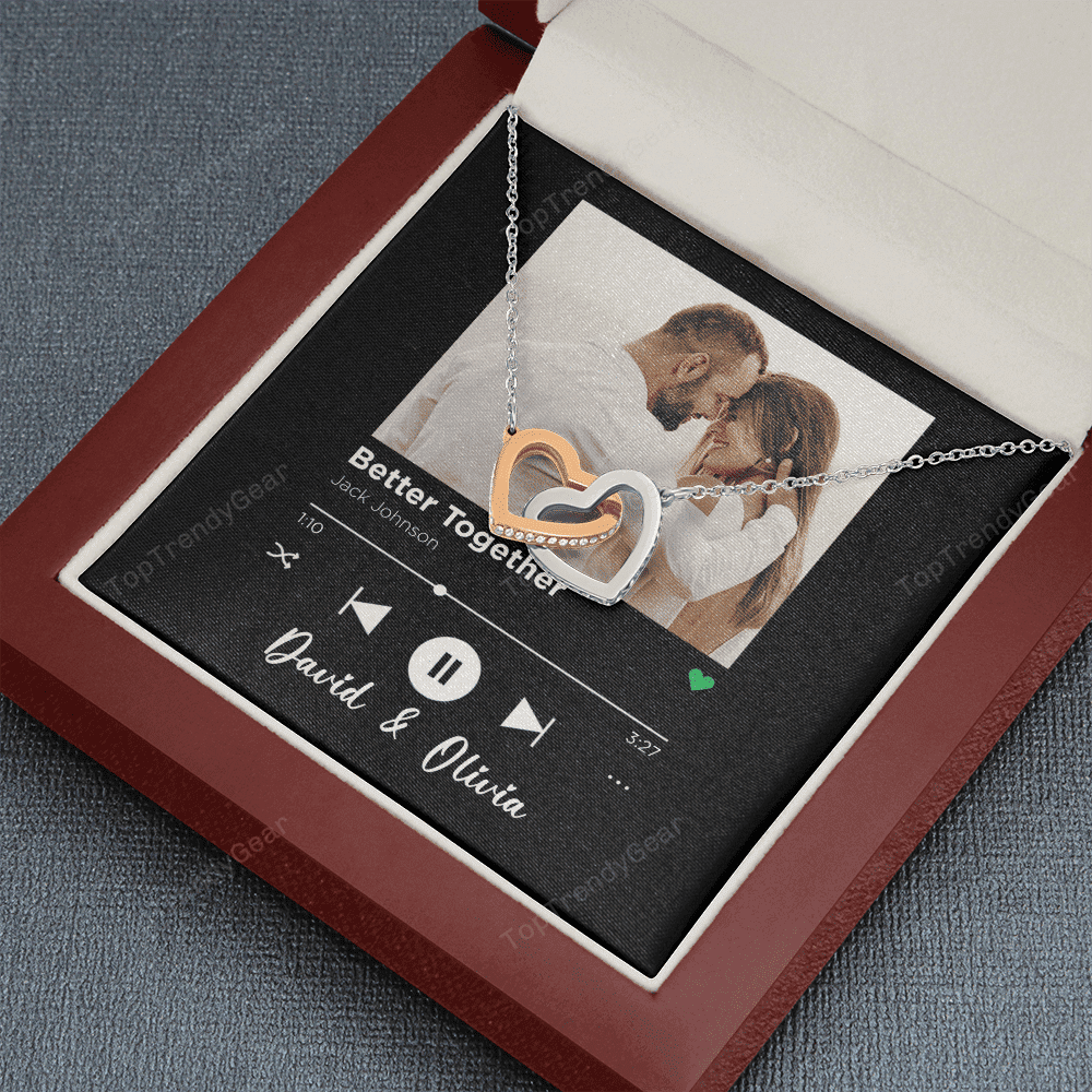 Better Together Custom Spotify Code With Couple Photo and Song Card Interlocking Hearts Necklace Anniversary Gifts For Her 