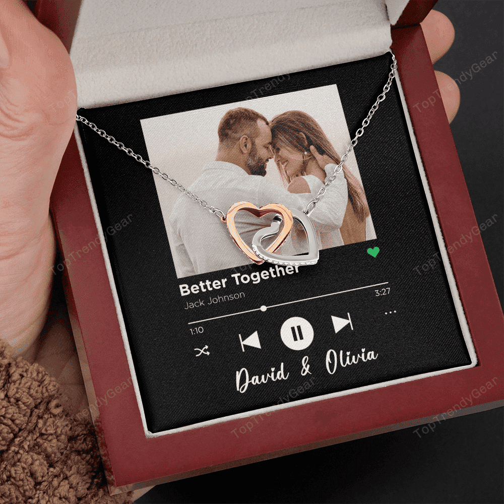 Better Together Custom Spotify Code With Couple Photo and Song Card Interlocking Hearts Necklace Anniversary Gifts For Her 