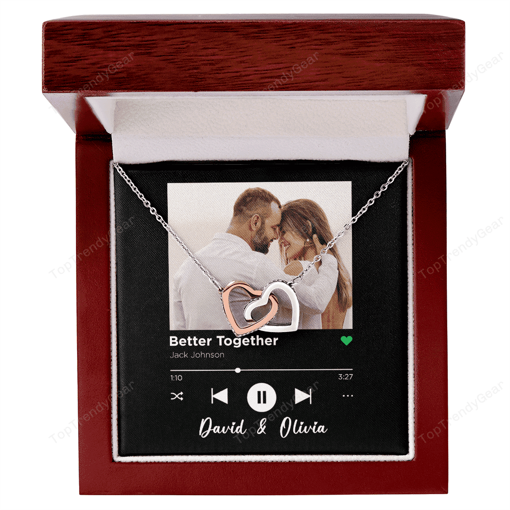 Better Together Custom Spotify Code With Couple Photo and Song Card Interlocking Hearts Necklace Anniversary Gifts For Her 