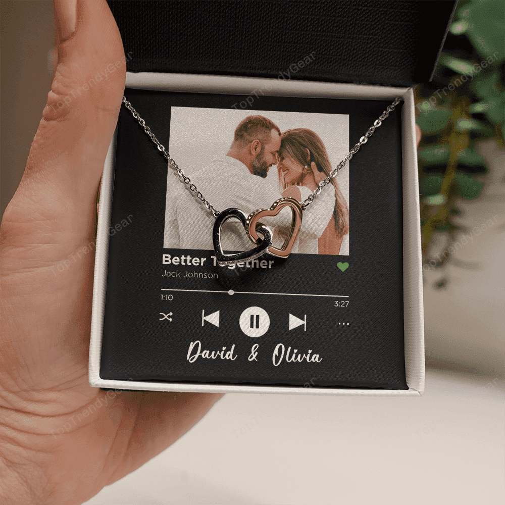 Better Together Custom Spotify Code With Couple Photo and Song Card Interlocking Hearts Necklace Anniversary Gifts For Her 