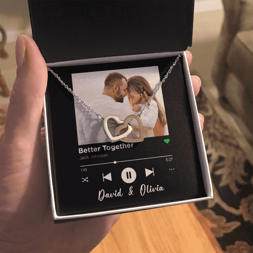 Better Together Custom Spotify Code With Couple Photo and Song Card Interlocking Hearts Necklace Anniversary Gifts For Her 