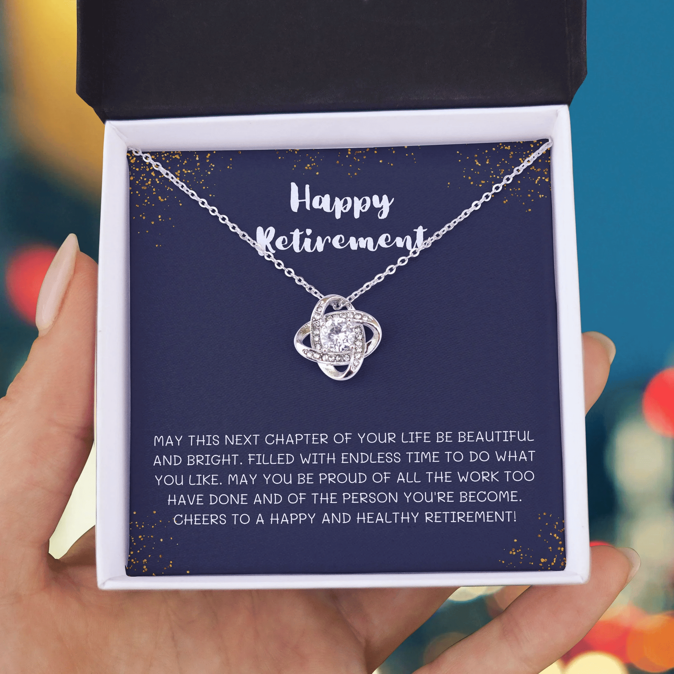Happy Retirement On Dark Blue Background Gift For Women Love Knot Necklace