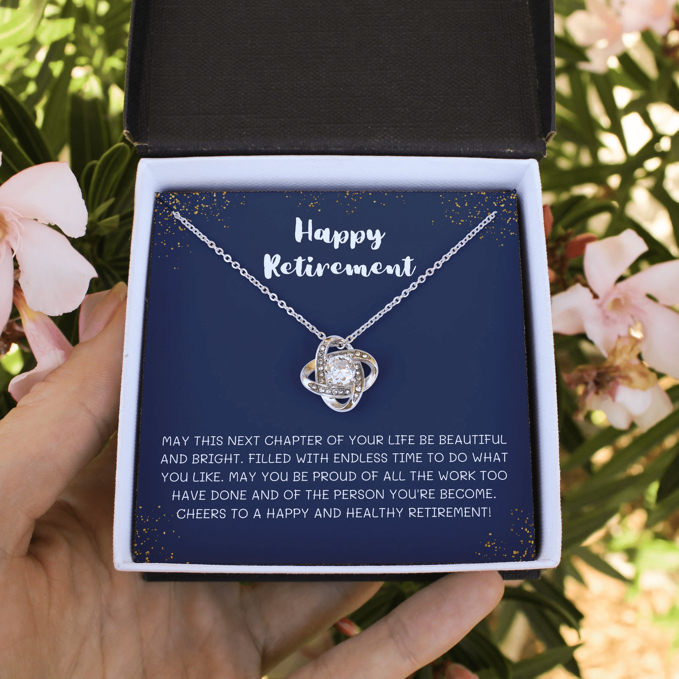Happy Retirement On Dark Blue Background Gift For Women Love Knot Necklace