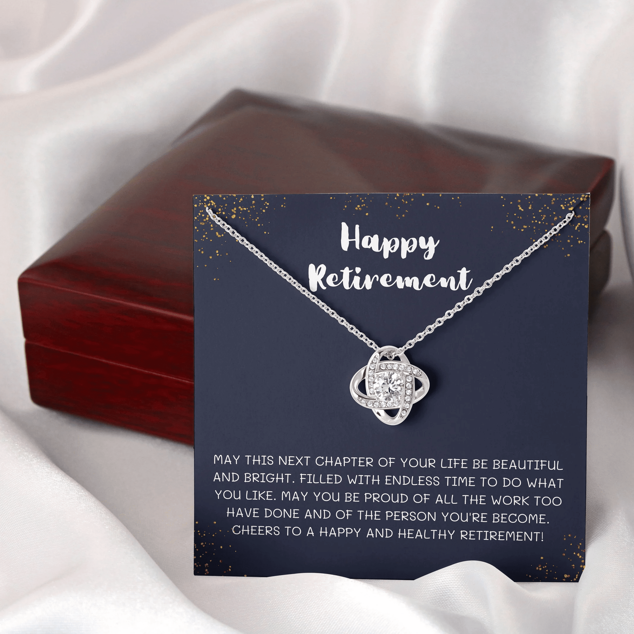 Happy Retirement On Dark Blue Background Gift For Women Love Knot Necklace