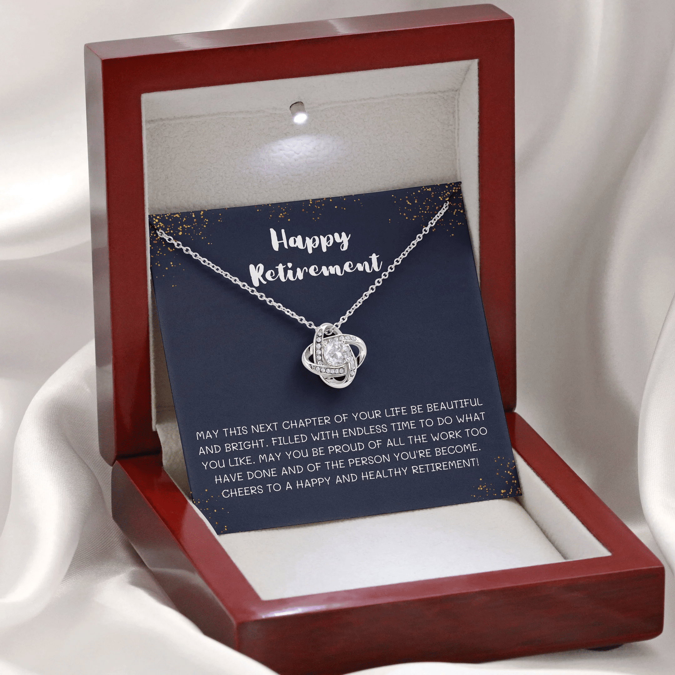 Happy Retirement On Dark Blue Background Gift For Women Love Knot Necklace