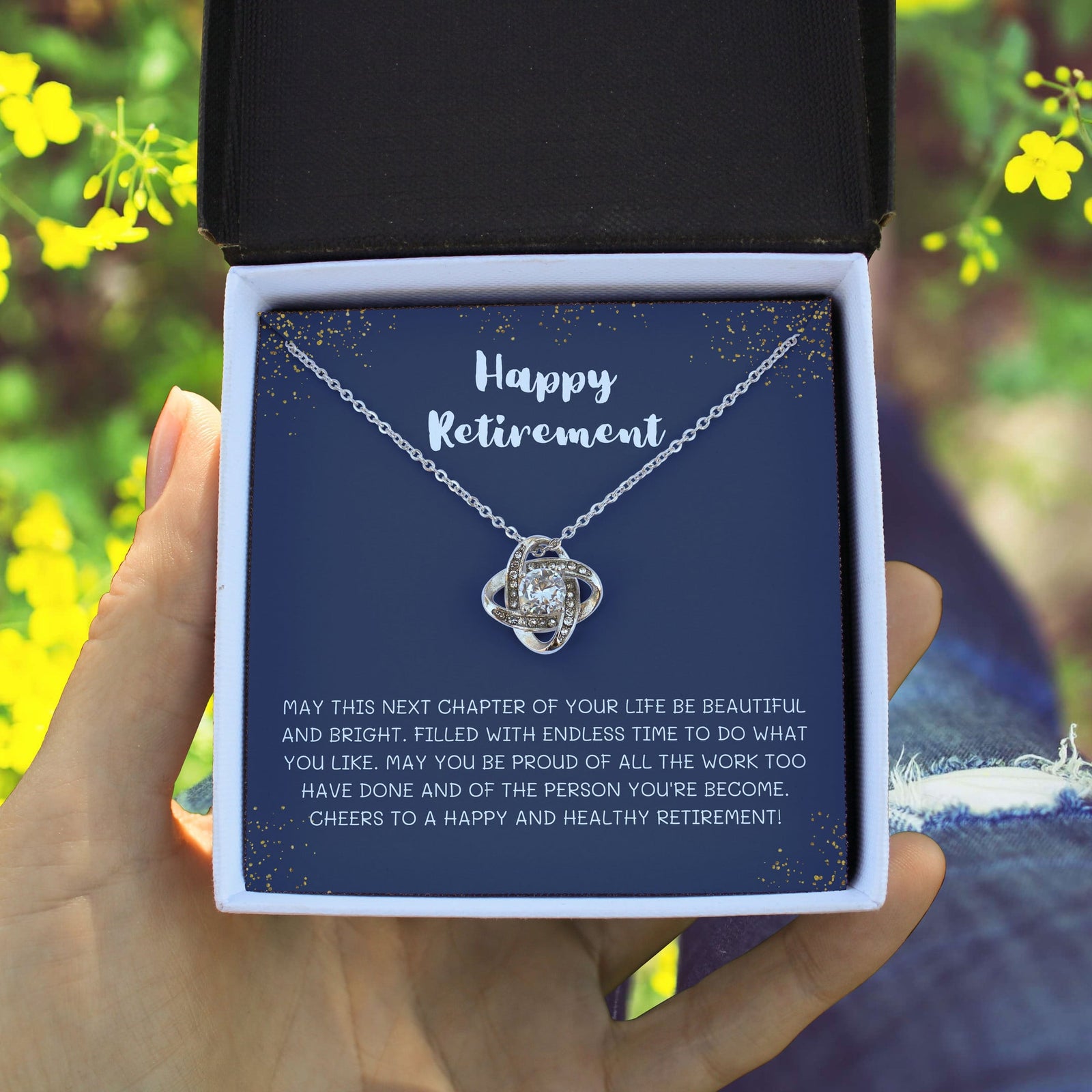 Happy Retirement On Dark Blue Background Gift For Women Love Knot Necklace