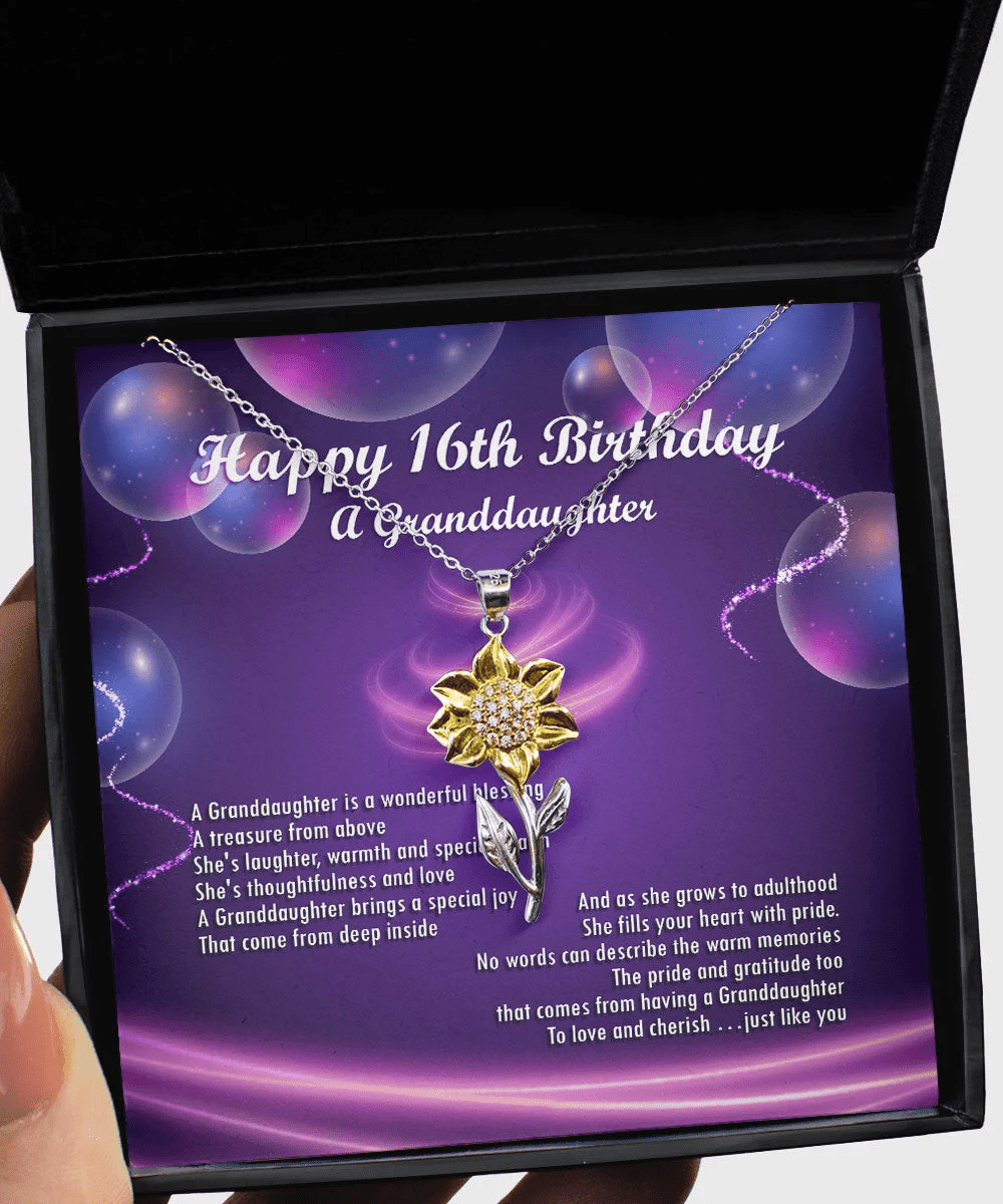 Happy 16th Birthday With Message Card Gift For Granddaughter Sunflower Pendant Necklace