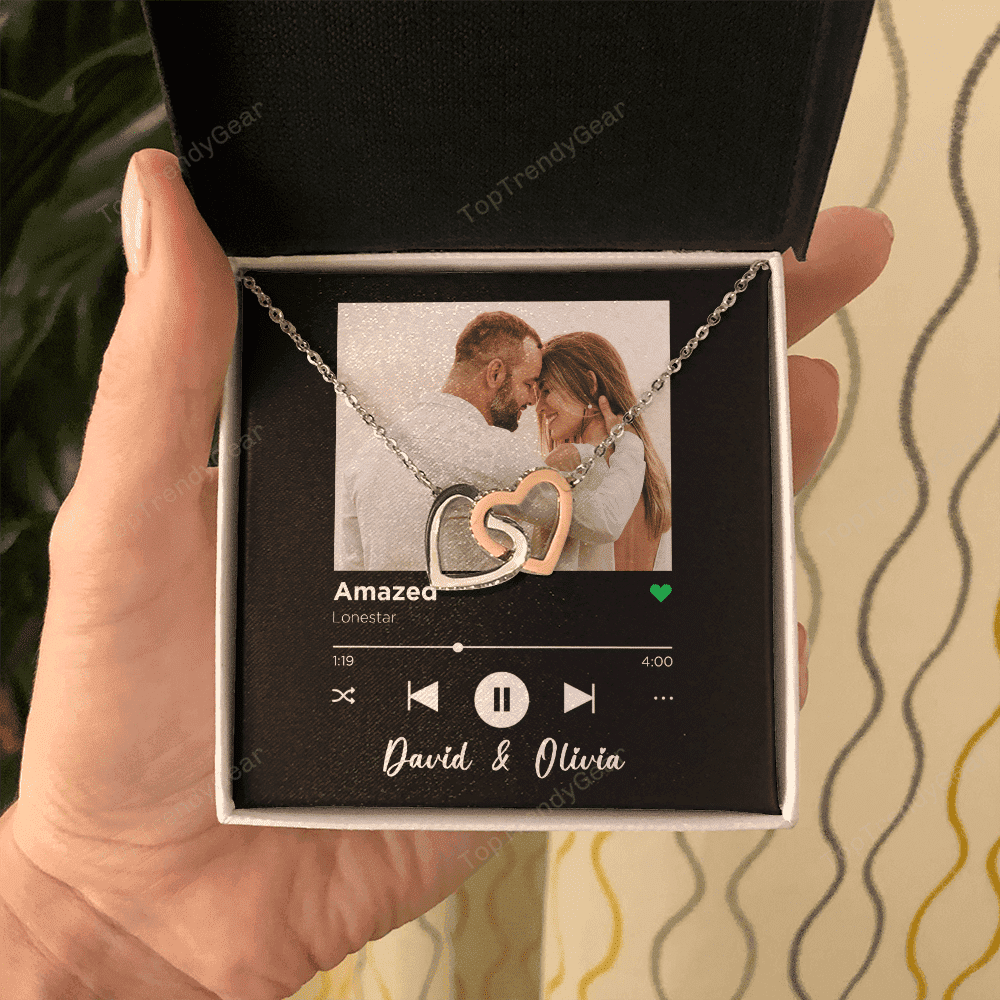 Amazed Custom Spotify Code With Couple Photo and Song Card Interlocking Hearts Necklace Anniversary Gifts For Her 