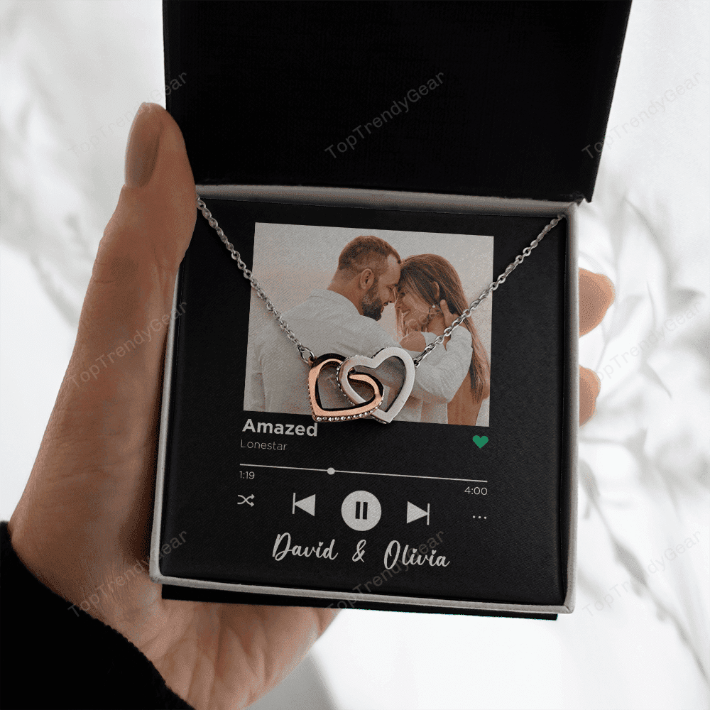 Amazed Custom Spotify Code With Couple Photo and Song Card Interlocking Hearts Necklace Anniversary Gifts For Her 