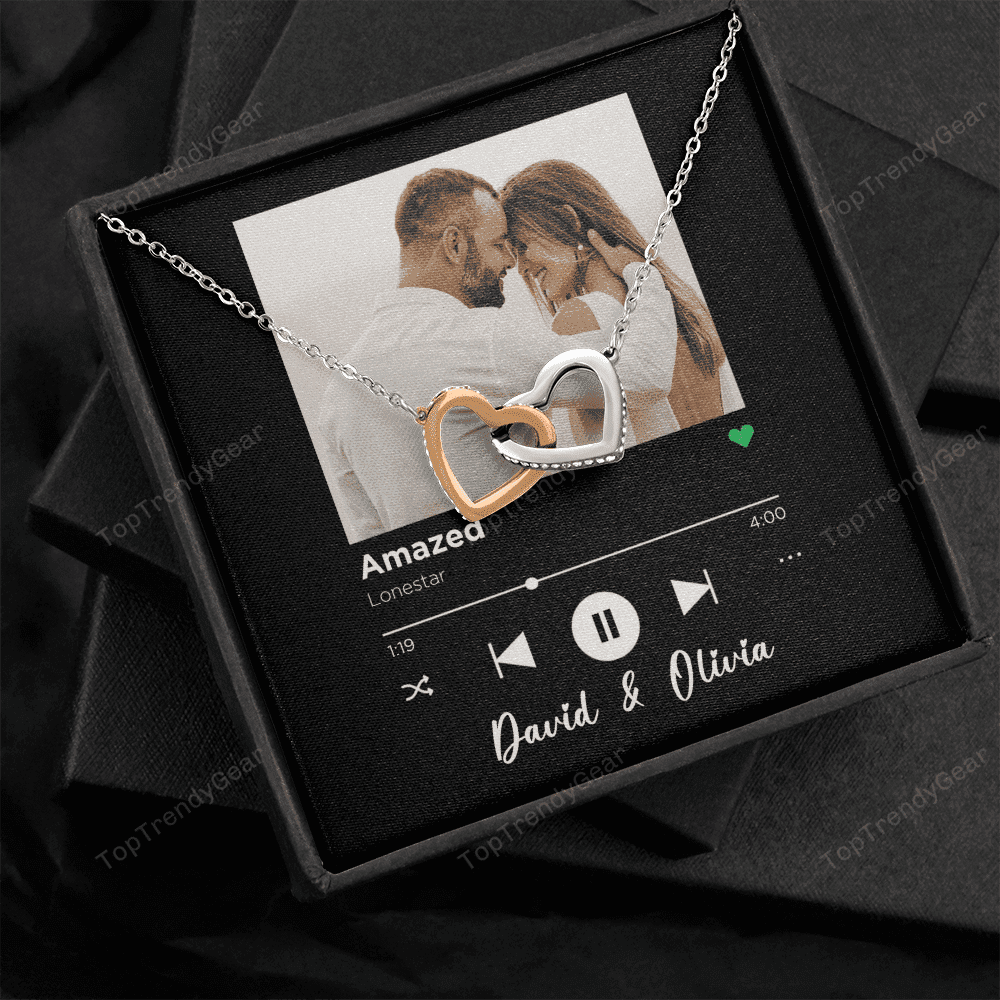 Amazed Custom Spotify Code With Couple Photo and Song Card Interlocking Hearts Necklace Anniversary Gifts For Her 
