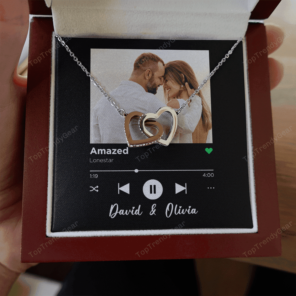 Amazed Custom Spotify Code With Couple Photo and Song Card Interlocking Hearts Necklace Anniversary Gifts For Her 