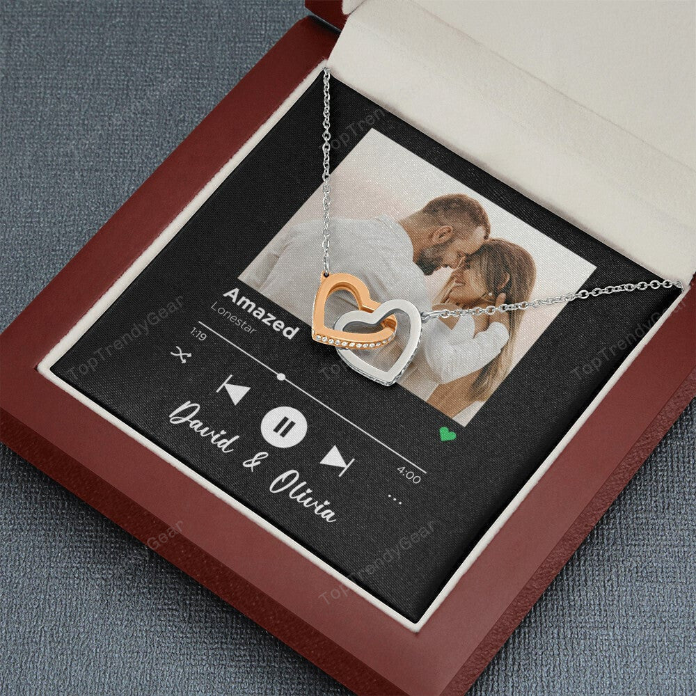 Amazed Custom Spotify Code With Couple Photo and Song Card Interlocking Hearts Necklace Anniversary Gifts For Her 