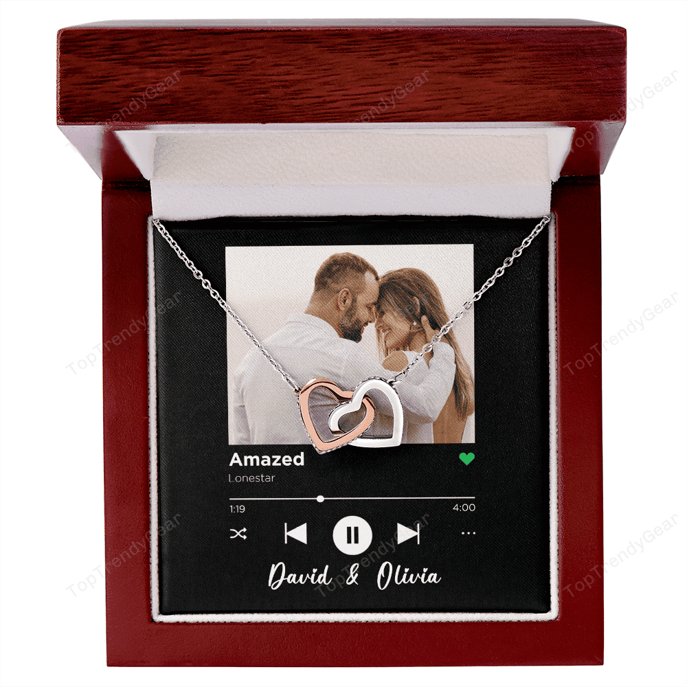 Amazed Custom Spotify Code With Couple Photo and Song Card Interlocking Hearts Necklace Anniversary Gifts For Her 