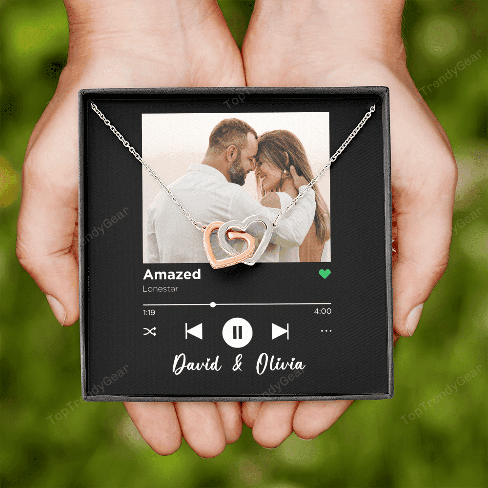Amazed Custom Spotify Code With Couple Photo and Song Card Interlocking Hearts Necklace Anniversary Gifts For Her 