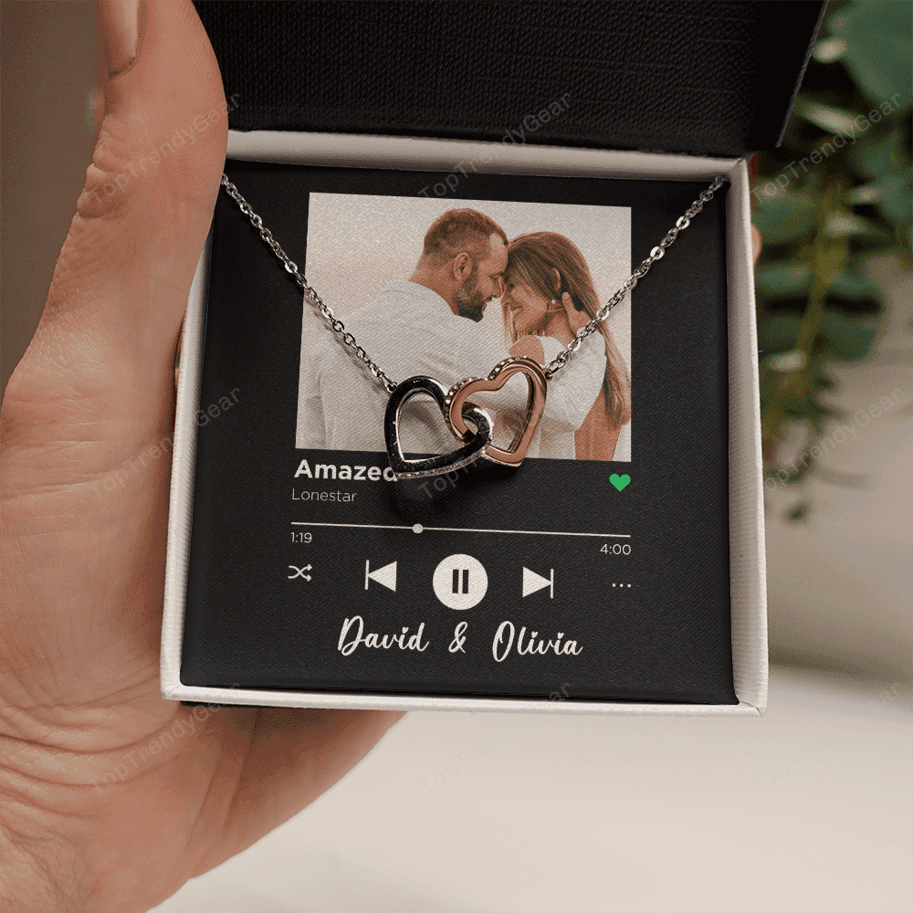 Amazed Custom Spotify Code With Couple Photo and Song Card Interlocking Hearts Necklace Anniversary Gifts For Her 