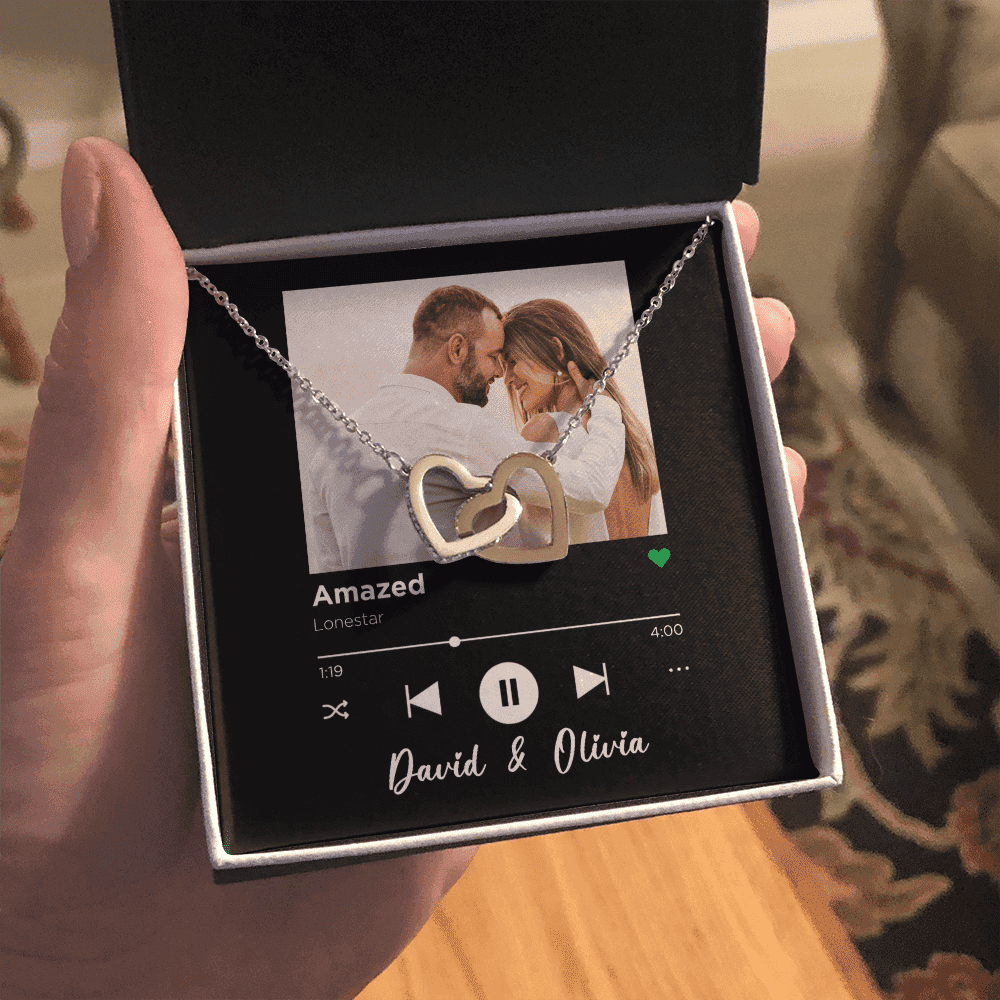 Amazed Custom Spotify Code With Couple Photo and Song Card Interlocking Hearts Necklace Anniversary Gifts For Her 