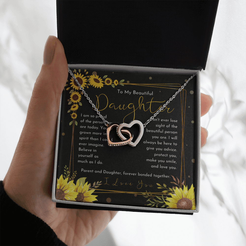 Gift For Daughter I Will Always Be Here Floral Dainty Sunflower Interlocking Heart Necklace 