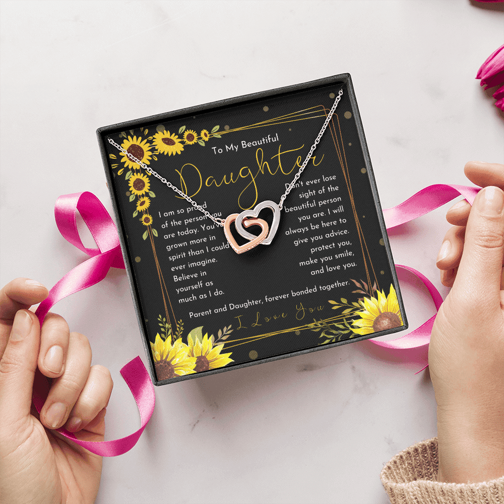 Gift For Daughter I Will Always Be Here Floral Dainty Sunflower Interlocking Heart Necklace 