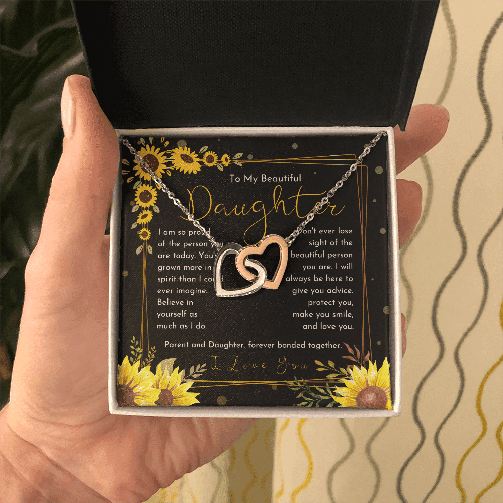 Gift For Daughter I Will Always Be Here Floral Dainty Sunflower Interlocking Heart Necklace 