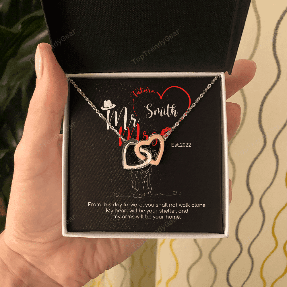 Mr. & Mrs. Custom Name And Date Interlocking Hearts Necklace Anniversary Presents By Year 
