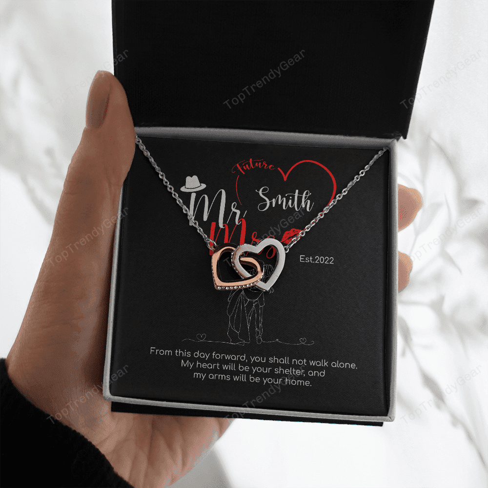 Mr. & Mrs. Custom Name And Date Interlocking Hearts Necklace Anniversary Presents By Year 