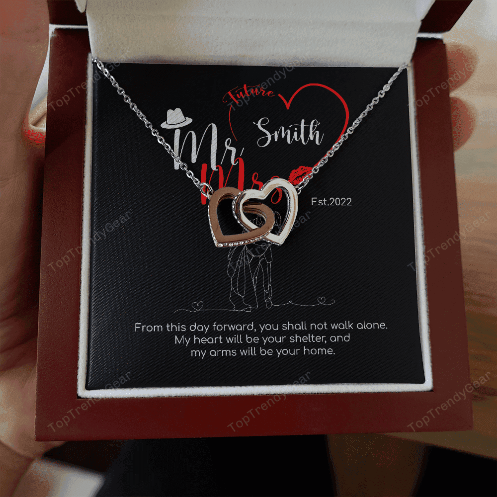 Mr. & Mrs. Custom Name And Date Interlocking Hearts Necklace Anniversary Presents By Year 