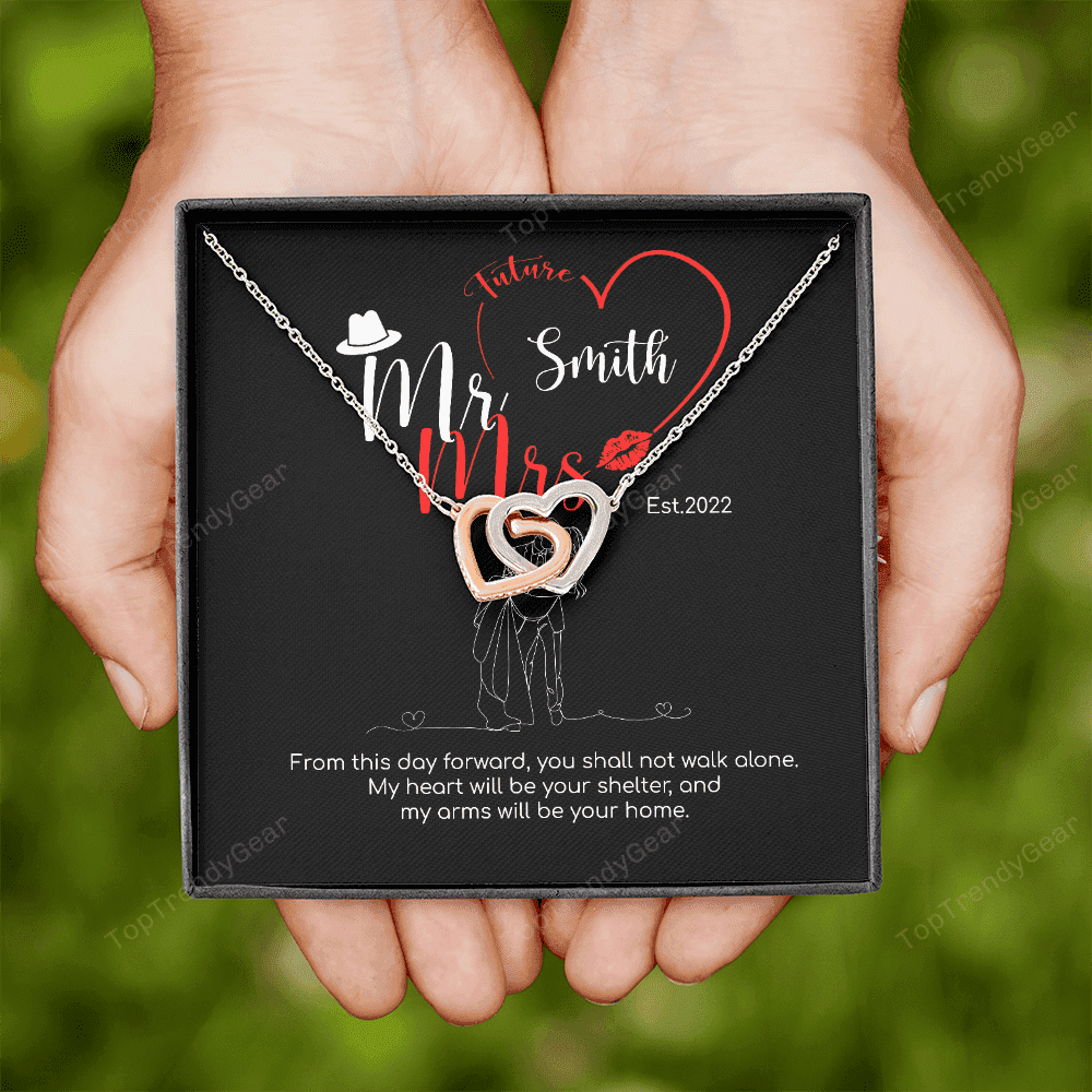 Mr. & Mrs. Custom Name And Date Interlocking Hearts Necklace Anniversary Presents By Year 