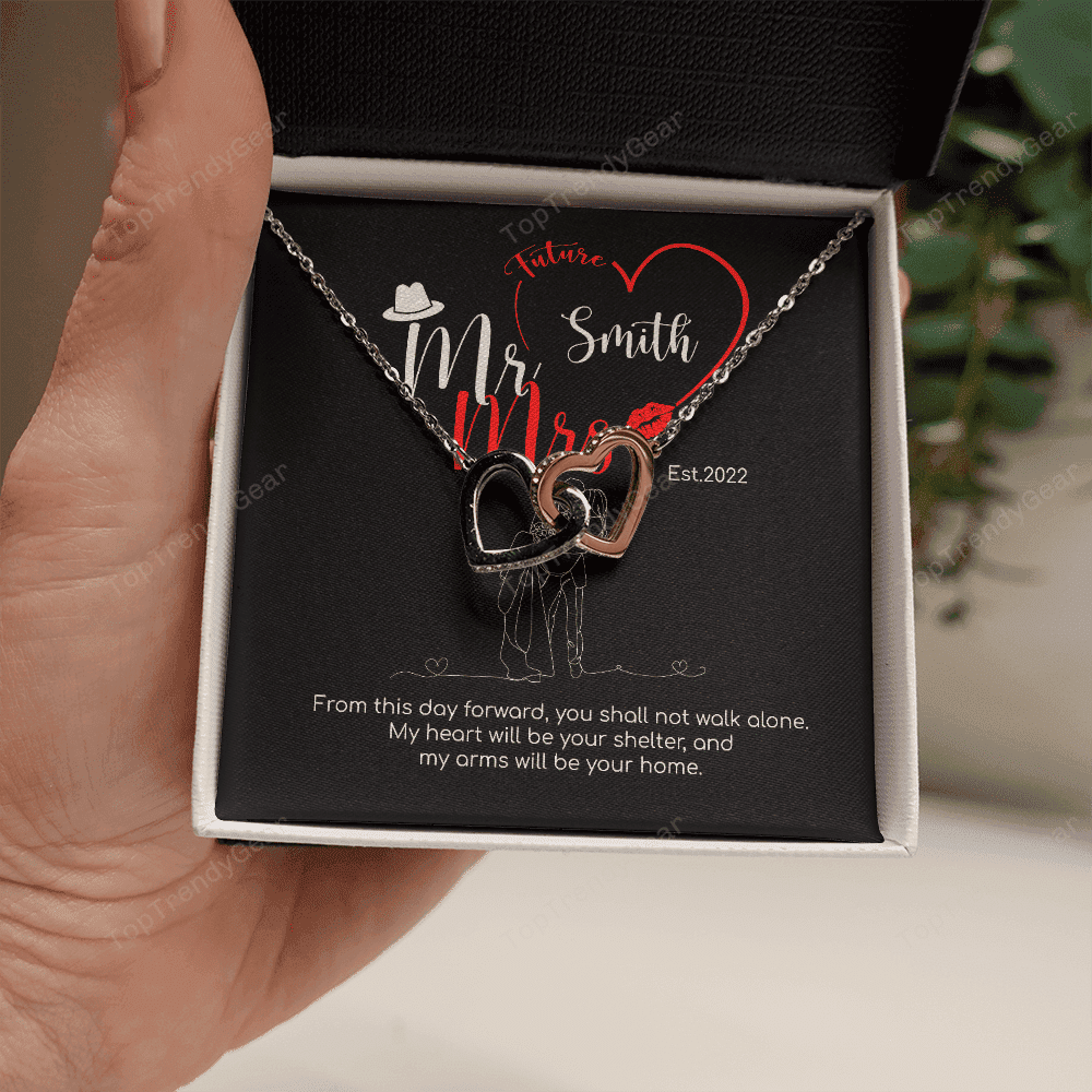 Mr. & Mrs. Custom Name And Date Interlocking Hearts Necklace Anniversary Presents By Year 