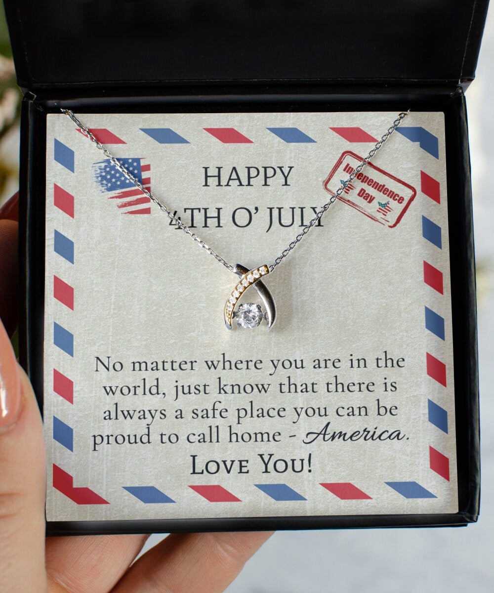 Happy 4th Of July Wishbone Dancing Necklace Gift For Her